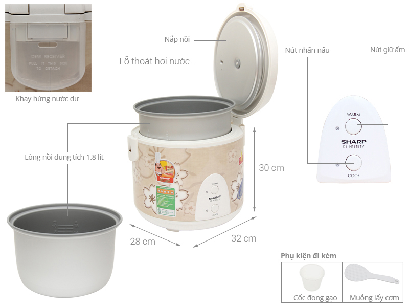 Nồi cơm điện Sharp 1.8 l&iacute;t KS-N191ETV