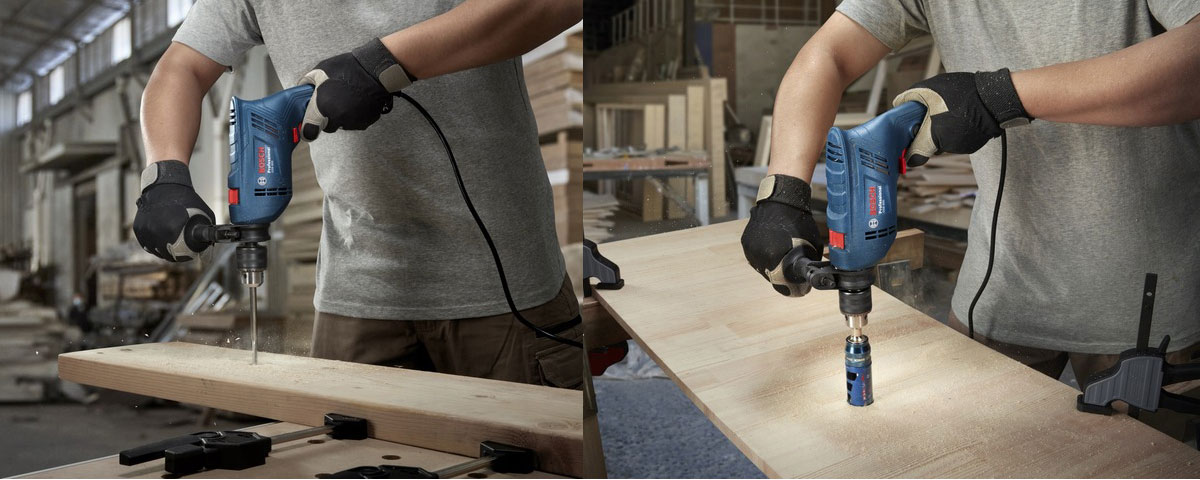 H&igrave;nh anh m&aacute;y khoan Bosch GSB 600 trong ứng dụng khoan kho&eacute;t lỗ gỗ