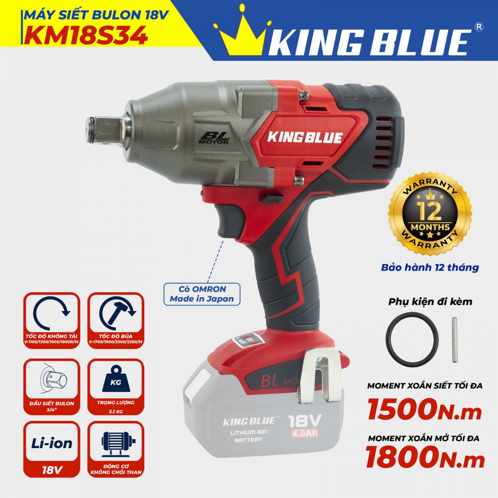 Máy Siết Bulon Kingblue 18V KM18S34 (Giá Chưa Bao Gồm Pin, Sạc) Máy Siết Bulon Kingblue 18V KM18S34 (Giá Chưa Bao Gồm Pin, Sạc)