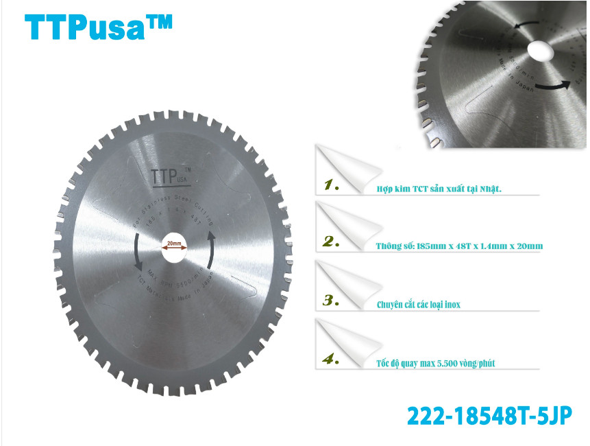 Lưỡi cưa inox 185mm-48T TTPusa 222-18548T-5JP Lưỡi cưa inox 185mm-48T TTPusa 222-18548T-5JP